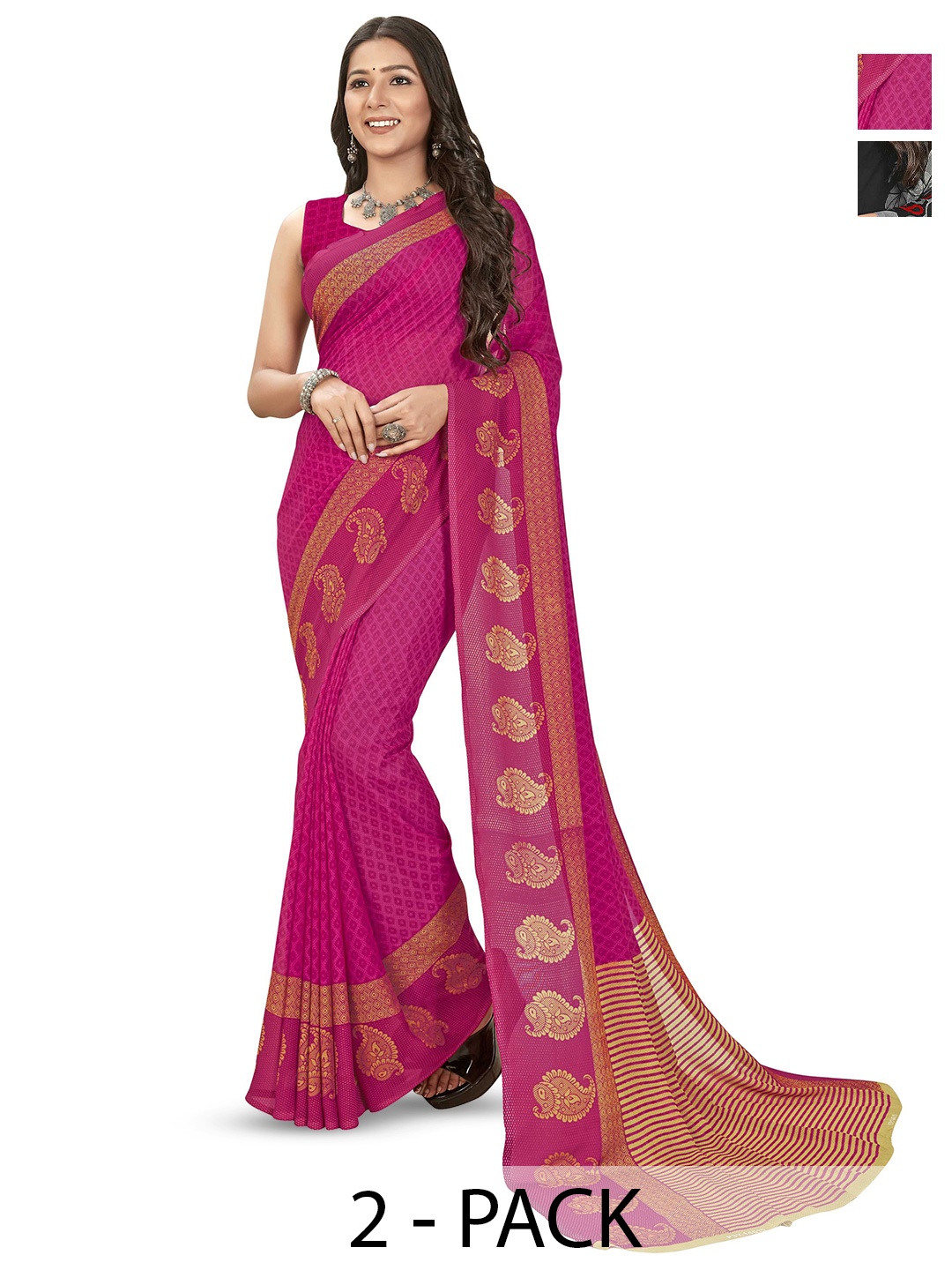 

ANAND SAREES Selection Of 2 Floral Printed Sarees, Black