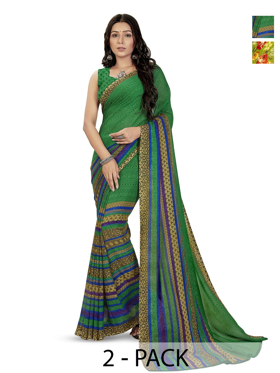 

ANAND SAREES Selection Of 2 Printed Saree, Green