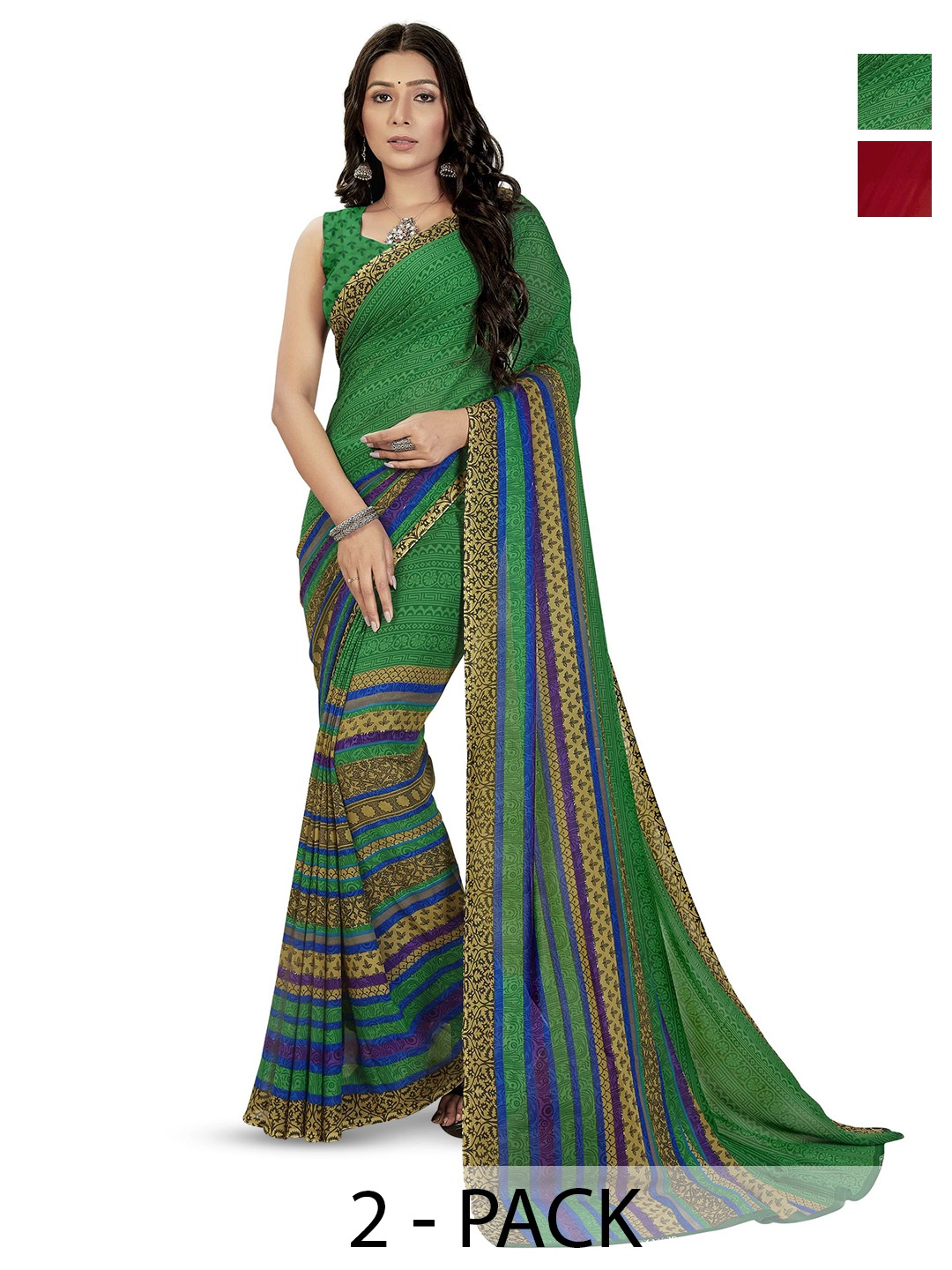 

ANAND SAREES Pack Of 2 Ethnic Motifs Saree With Blouse Piece, Green