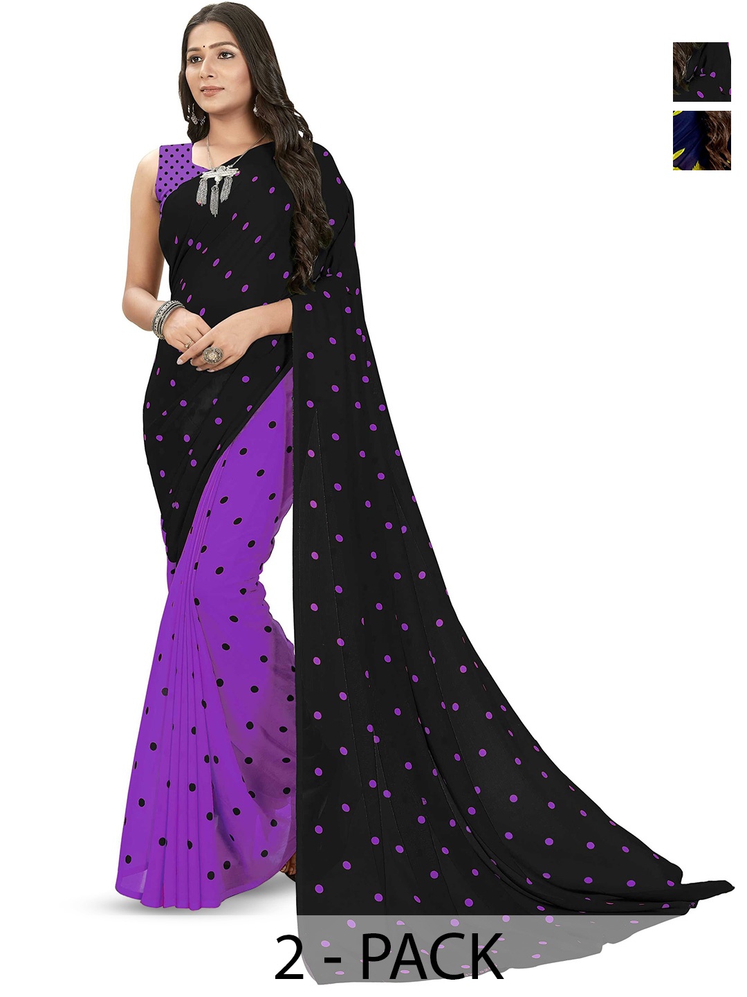 

ANAND SAREES Pack Of 2 Polka Dot Saree With Blouse Piece, Black