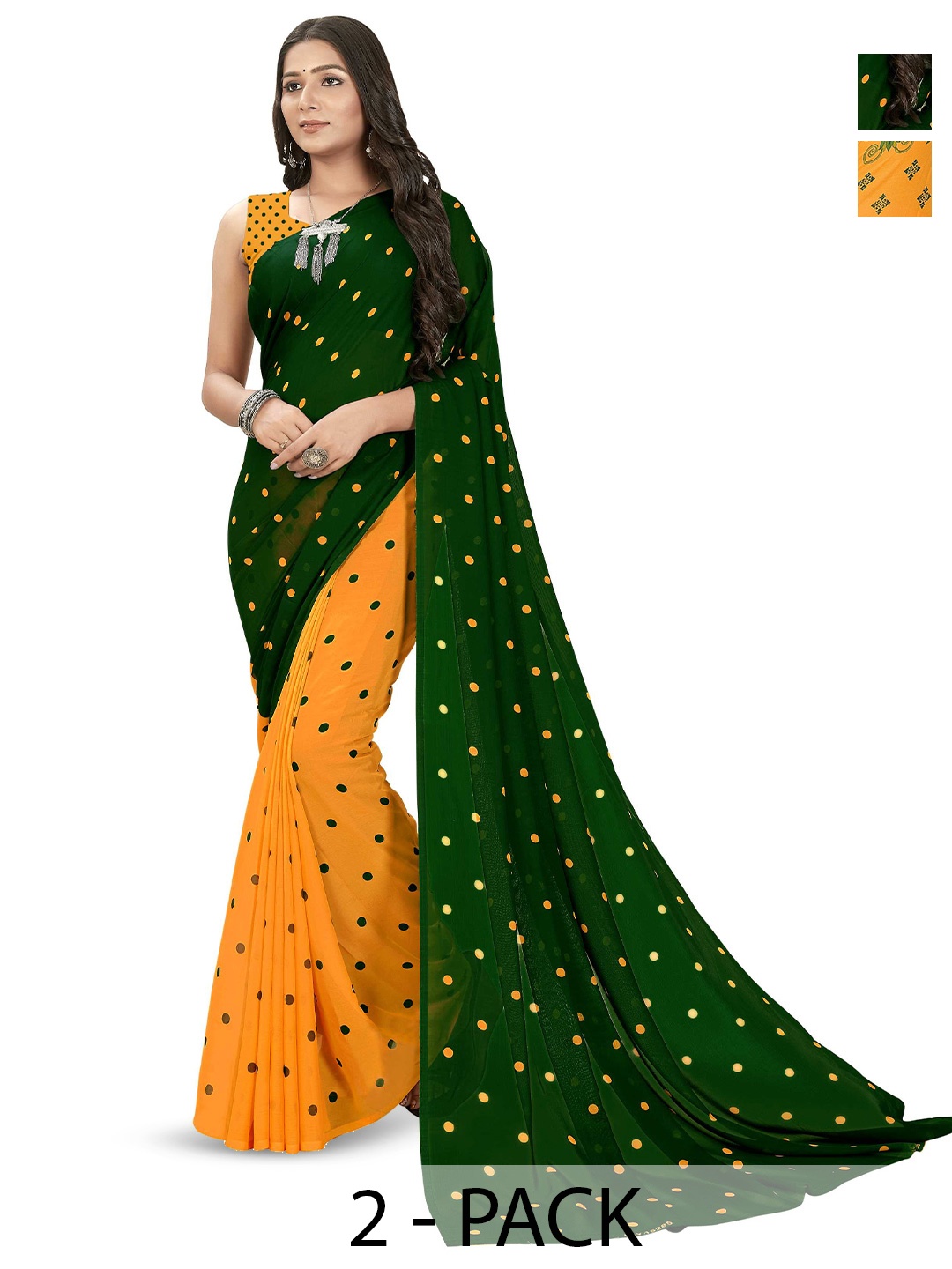 

ANAND SAREES Pack Of 2 Polka Dot Saree With Blouse Piece, Green