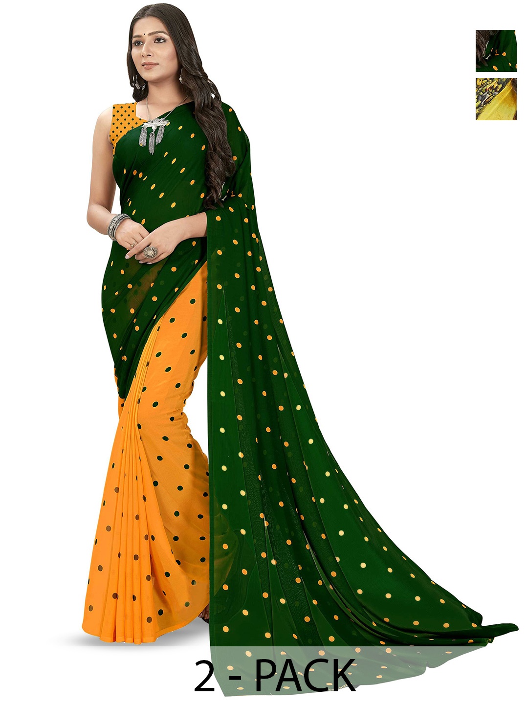 

ANAND SAREES Pack Of 2 Polka Dot Saree With Blouse Piece, Green