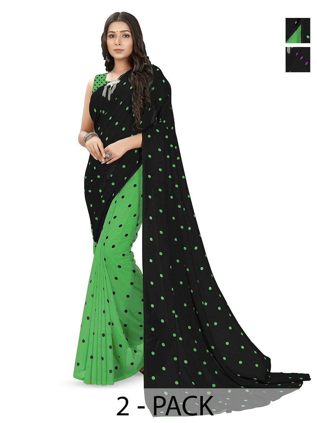 

ANAND SAREES Pack Of 2 Polka Dot Saree With Blouse Piece, Green