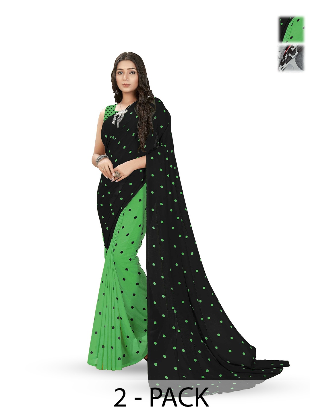 

ANAND SAREES Selection Of 2 Polka Dots Printed Sarees, Green