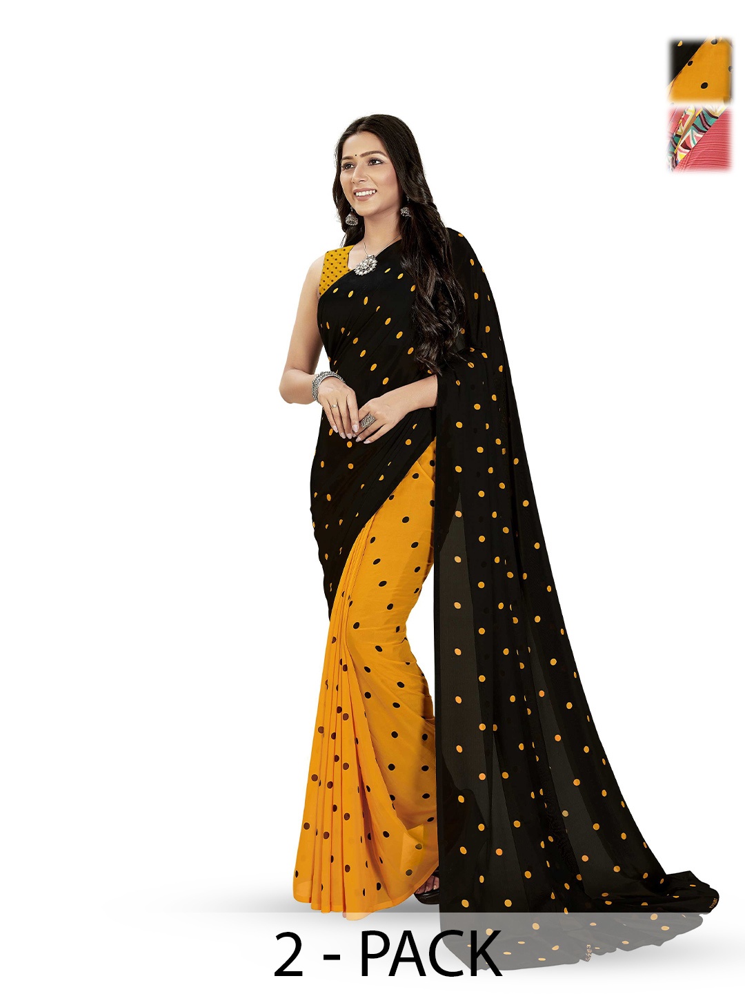 

ANAND SAREES Pack Of 2 Polka Dot Saree With Blouse Piece, Pink