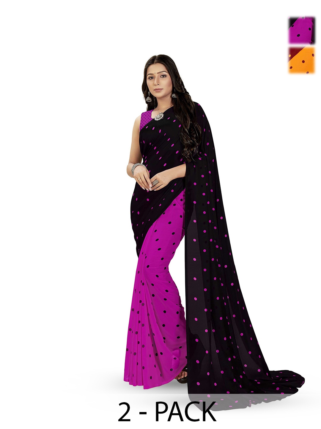 

ANAND SAREES Pack Of 2 Polka Dot Saree With Blouse Piece, Black