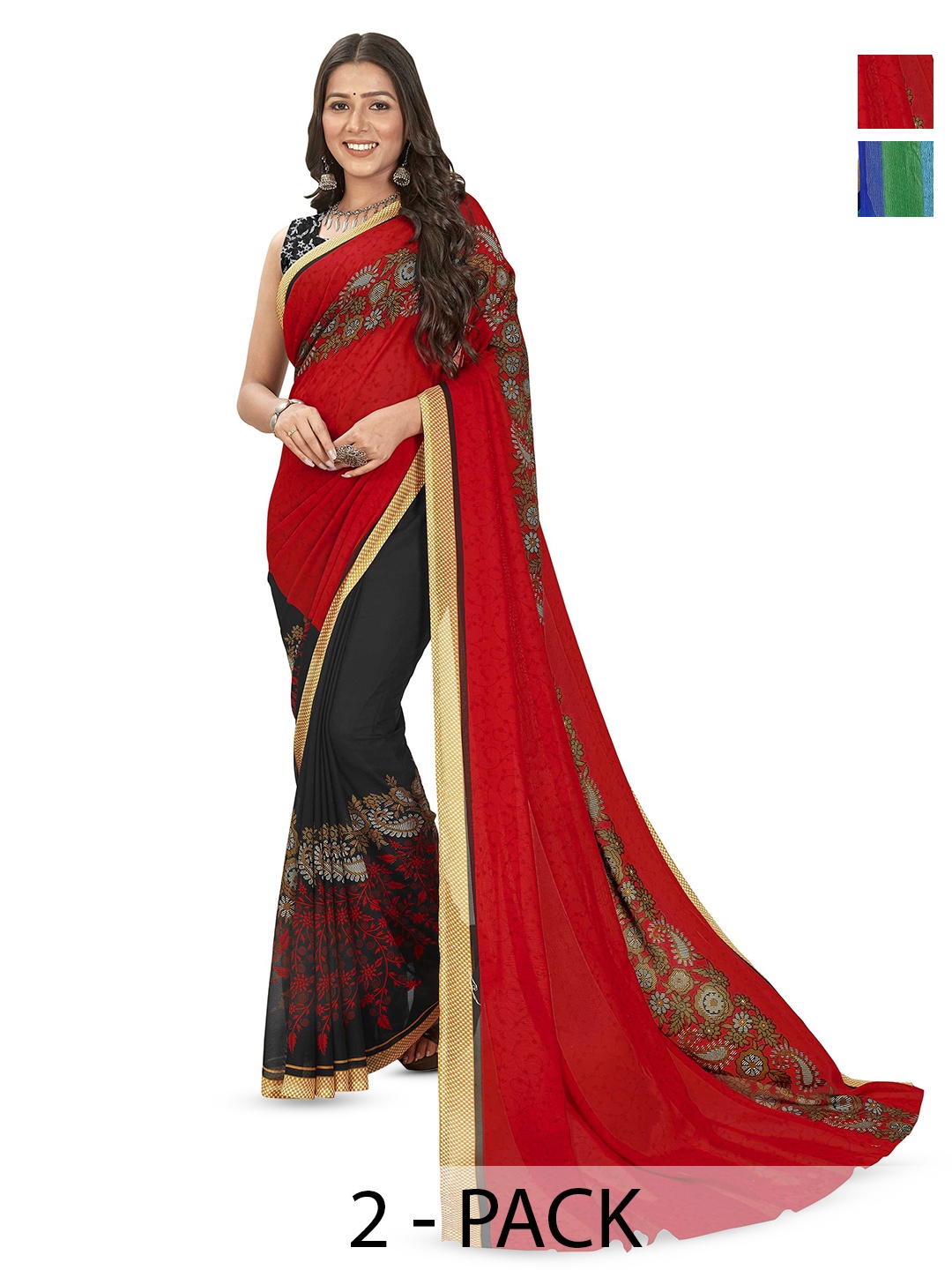 

ANAND SAREES Pack Of 2 Floral Saree With Blouse Piece, Red