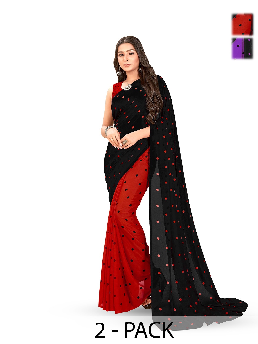 

ANAND SAREES Pack Of 2 Polka Dot Saree With Blouse Piece, Red