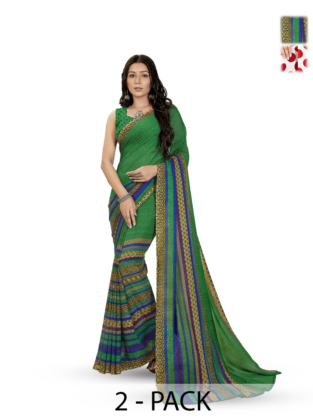 

ANAND SAREES Selection of 2 Floral & Polka Dots Printed Sarees, Red