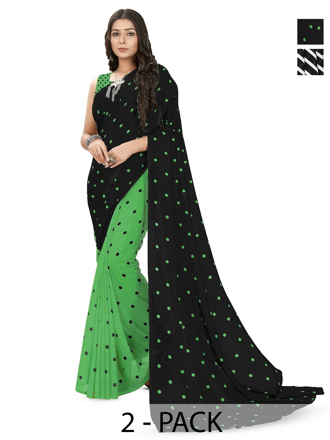 

ANAND SAREES Selection Of 2 Polka Dot Printed Saree, Black