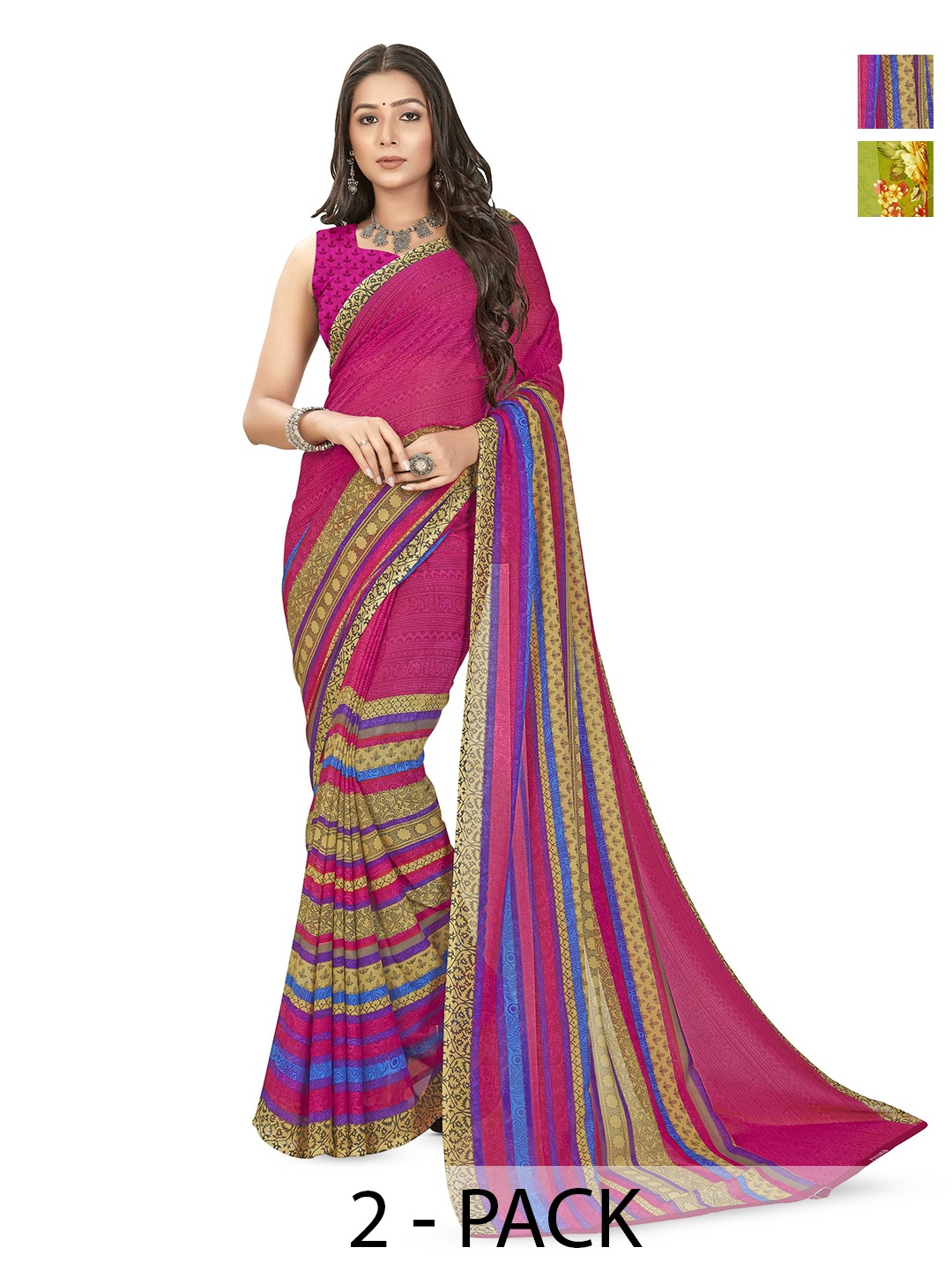 

ANAND SAREES Selection Of 2 Floral Printed Sarees, Fuchsia