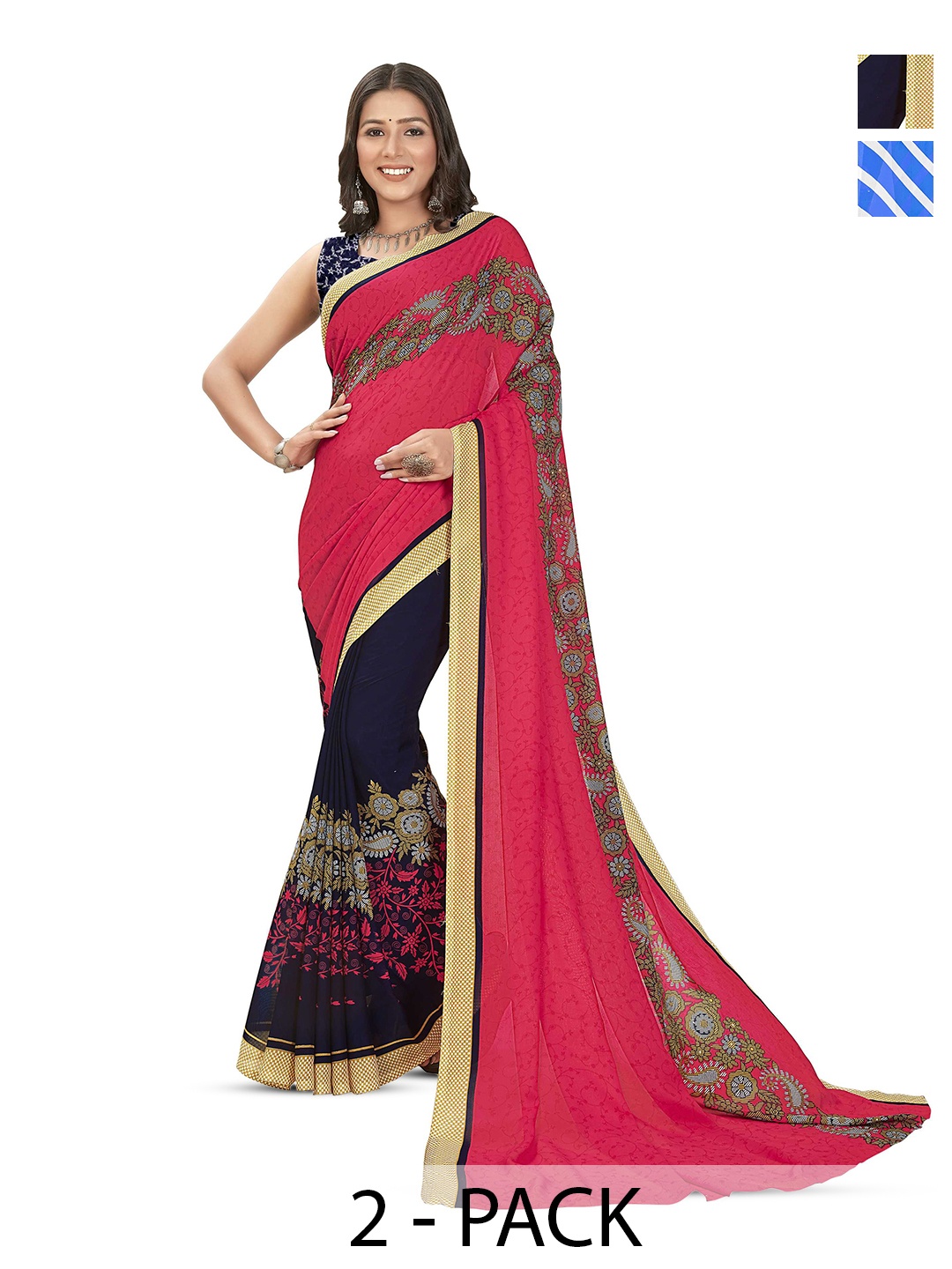 

ANAND SAREES Selection Of 2 Floral Printed Sarees, Blue
