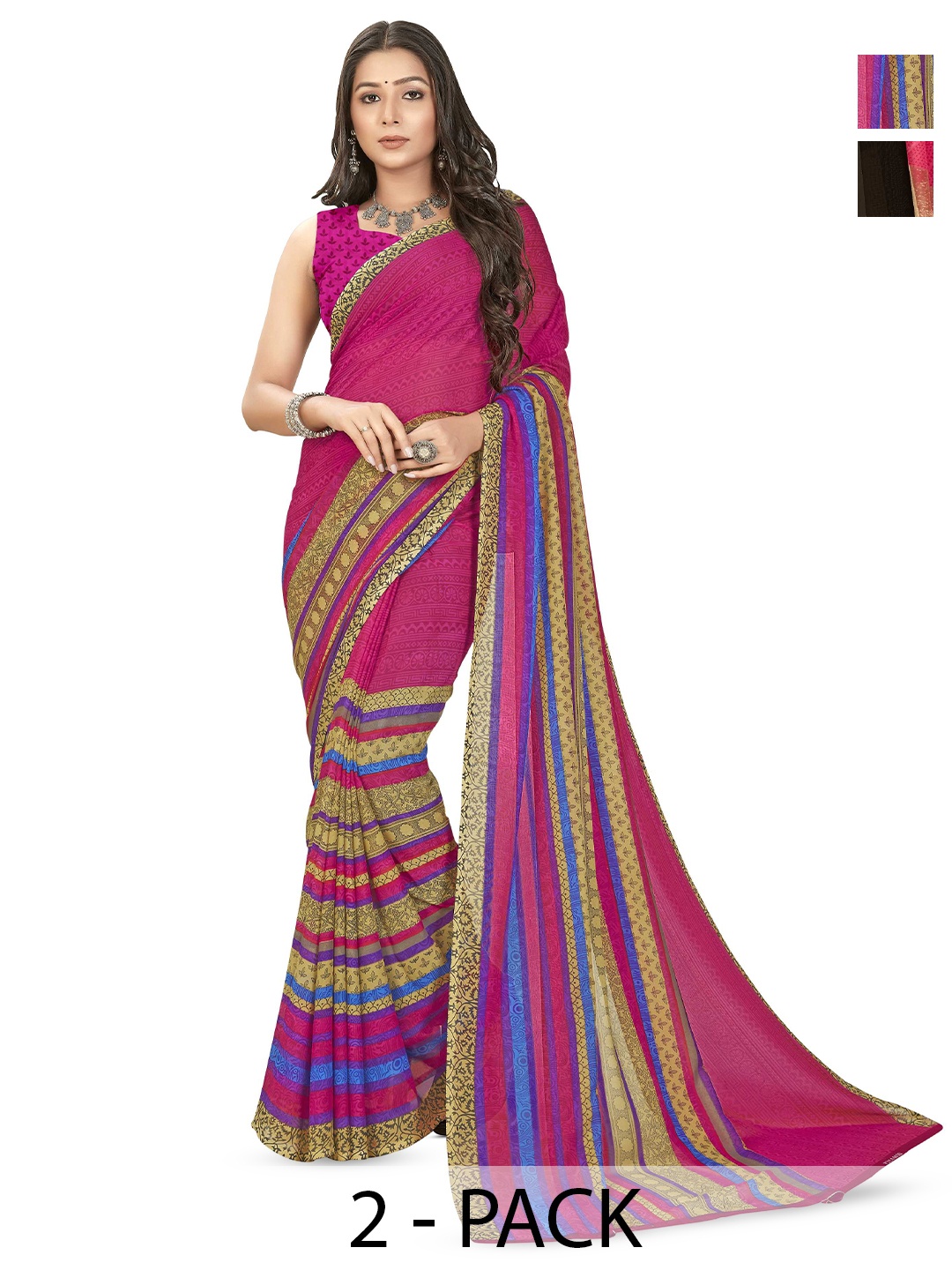 

ANAND SAREES Selection of 2 Floral Printed Sarees, Pink