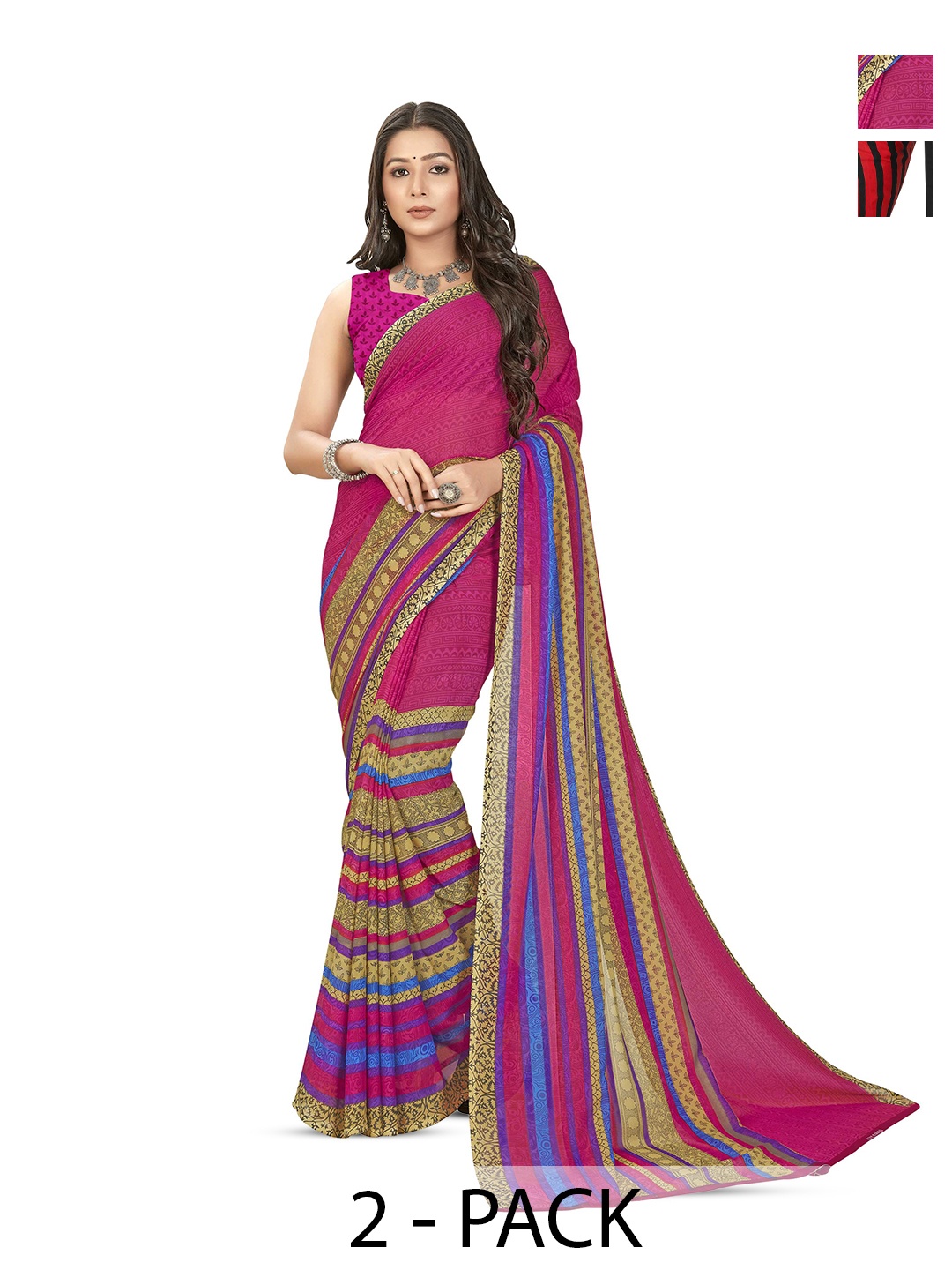 

ANAND SAREES Selection Of 2 Geometric Printed Sarees, Red