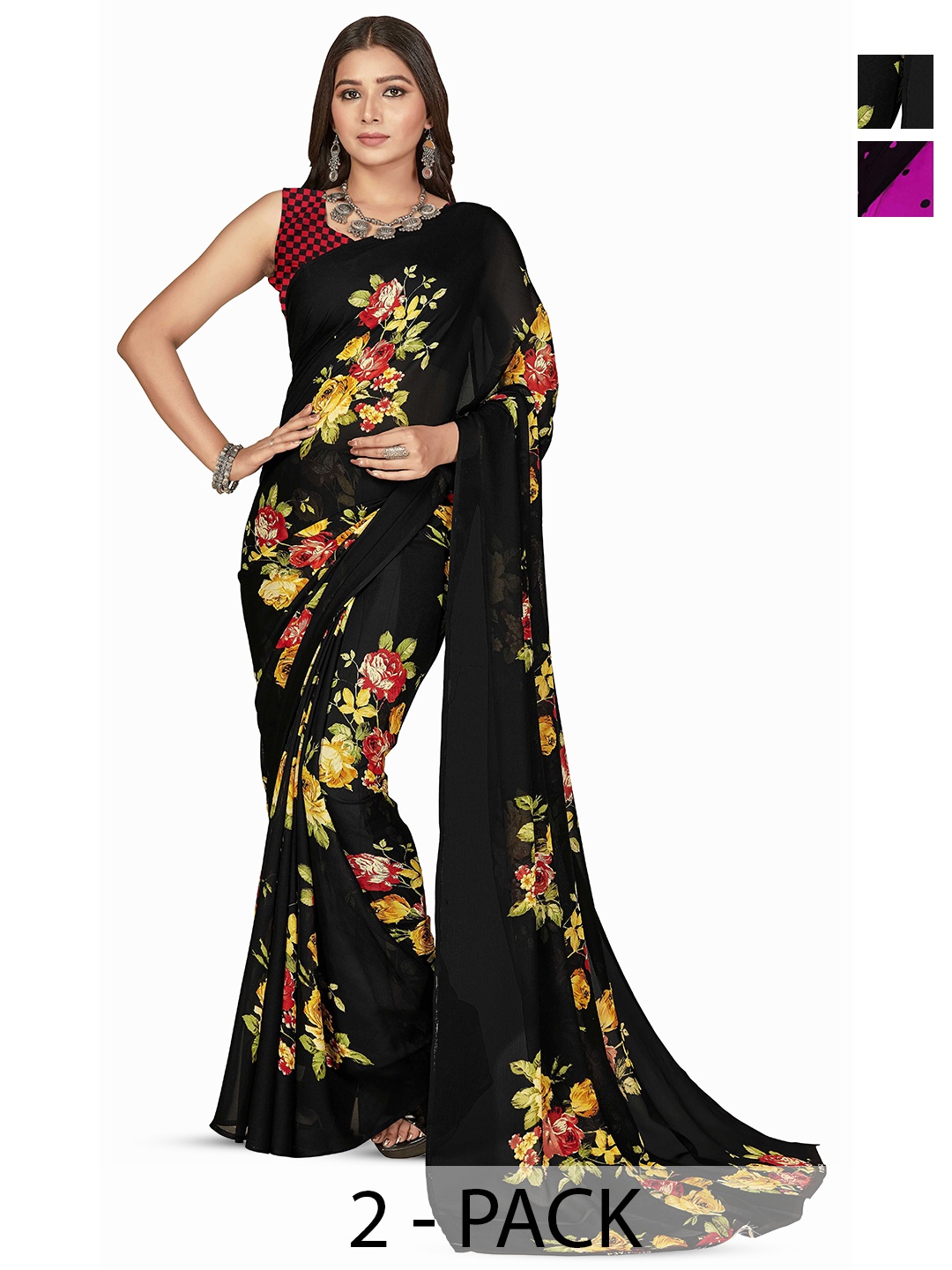 

ANAND SAREES Selection of 2 Floral Printed Sarees, Black