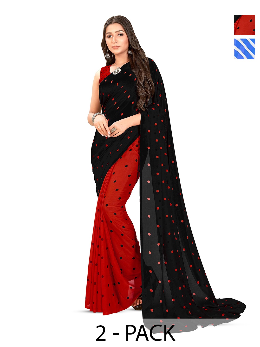 

ANAND SAREES Selection of 2 Polka Dots Printed Sarees, Black