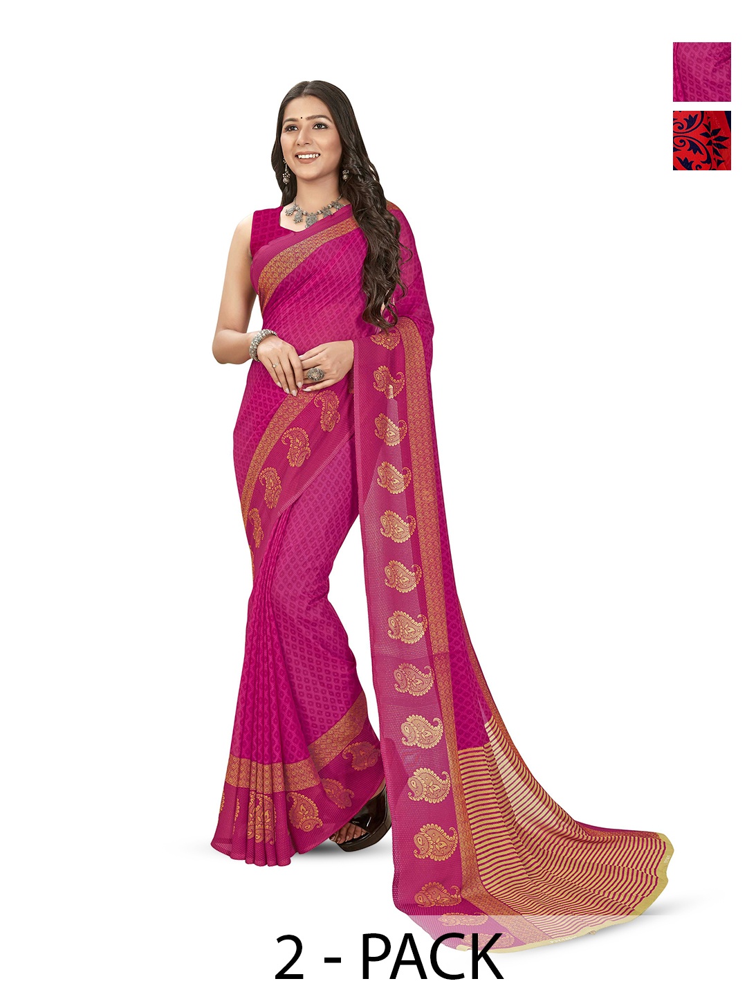 

ANAND SAREES Selection of 2 Ethnic Motifs Printed Sarees, Pink