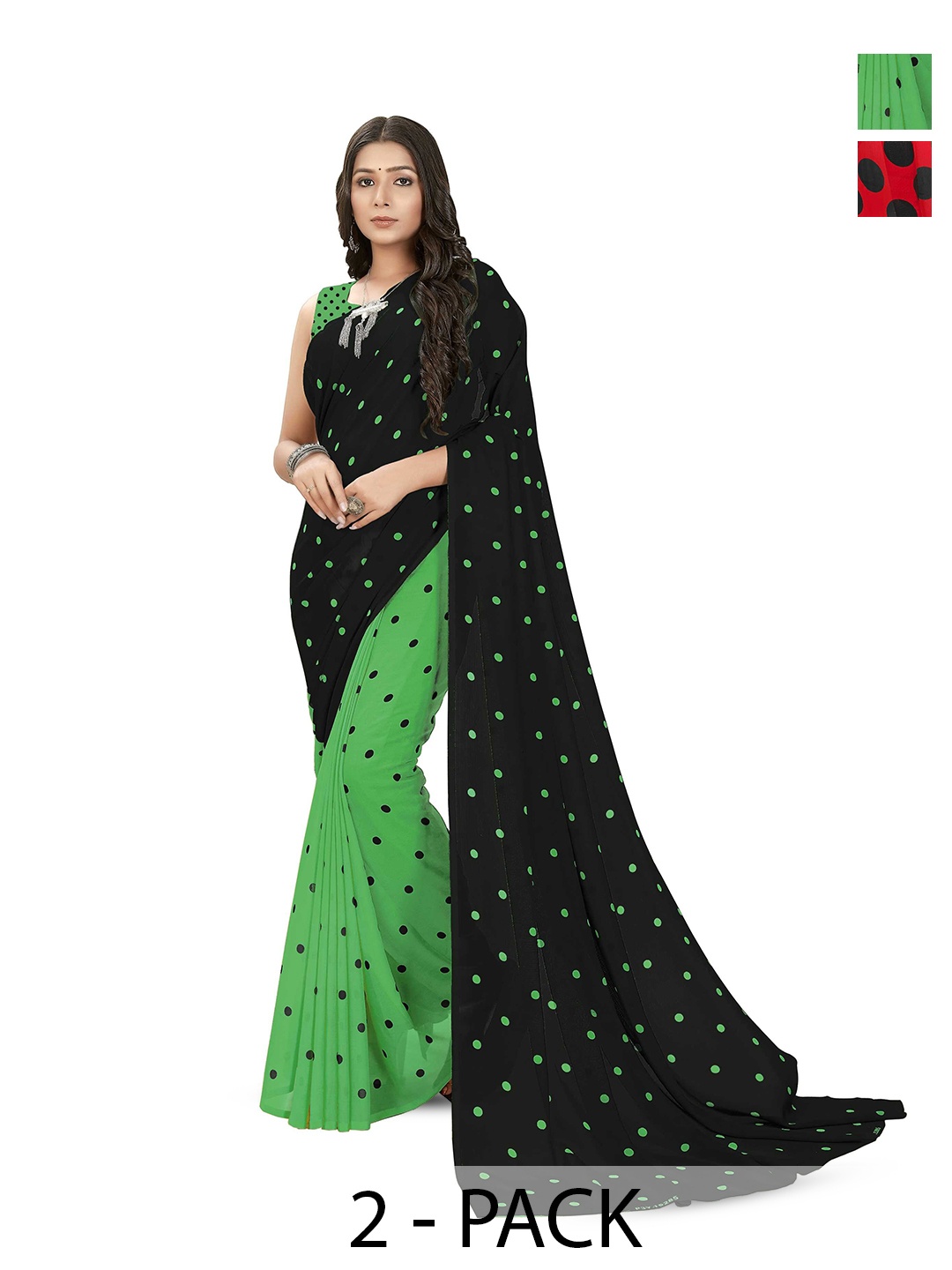 

ANAND SAREES Polka Dot Poly Georgette Saree Pack of 2, Green