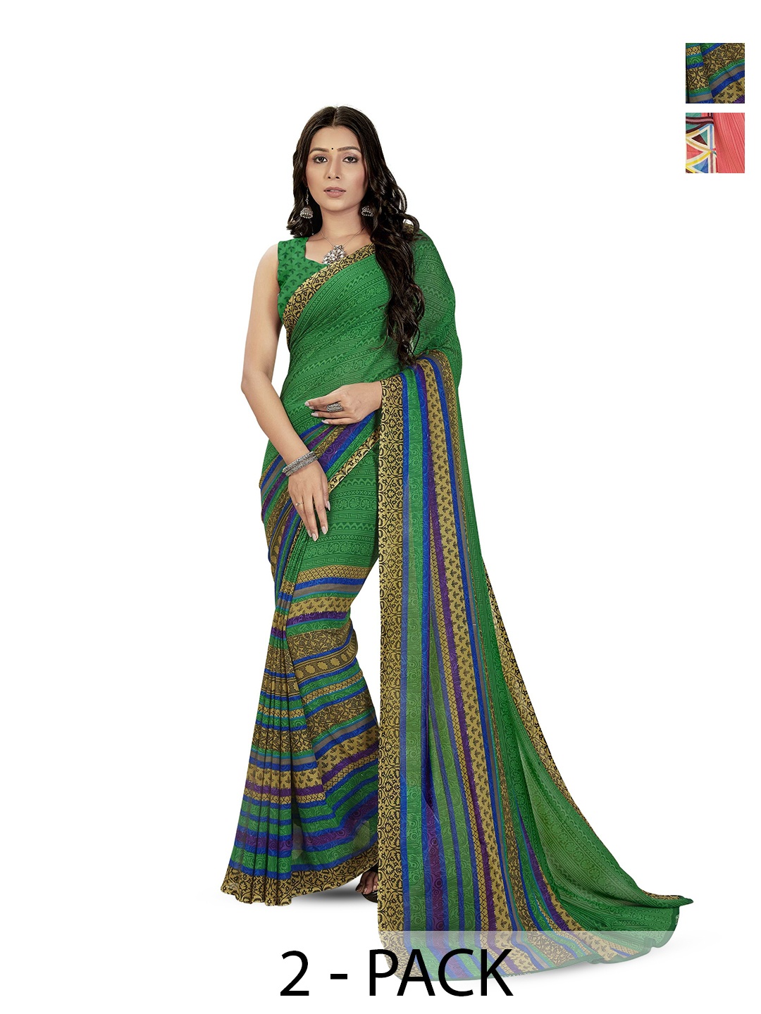 

ANAND SAREES Selection Of 2 Geometric Printed Sarees, Pink