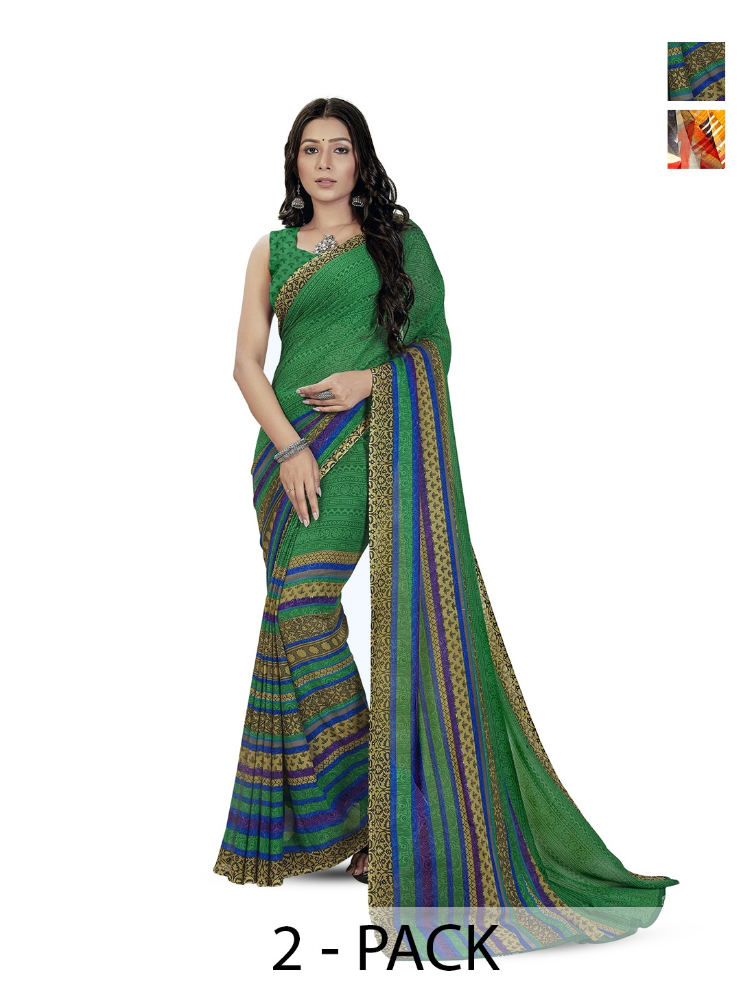 

ANAND SAREES Selection Of 2 Ethnic Motifs Printed Sarees, Green