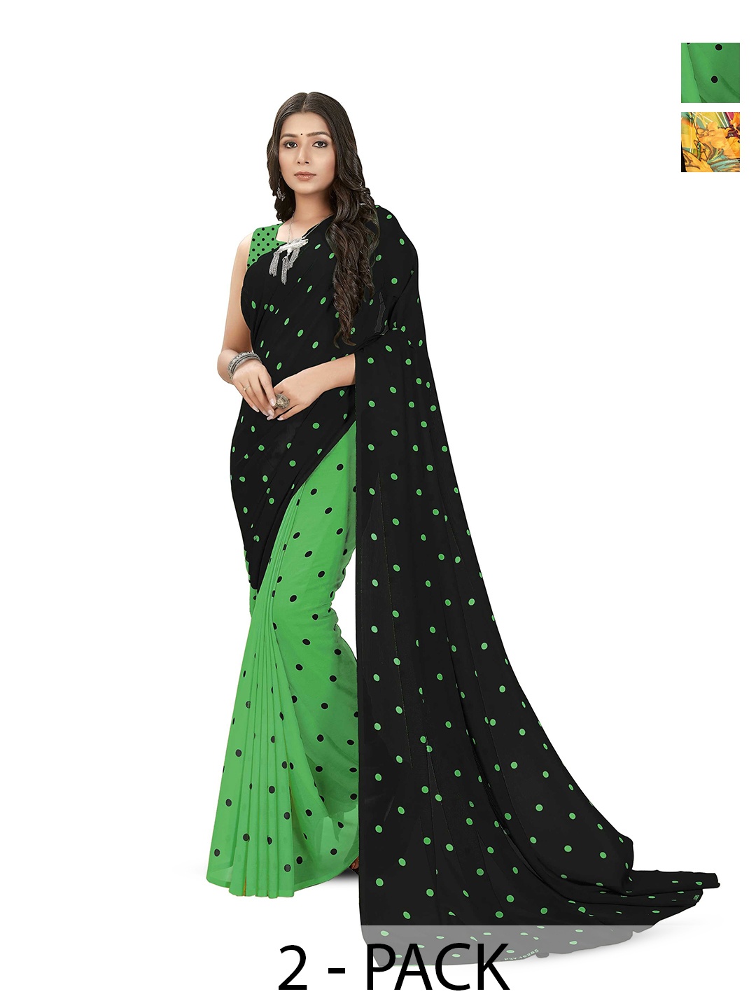 

ANAND SAREES Selection Of 2 Polka Dot Printed Sarees, Black