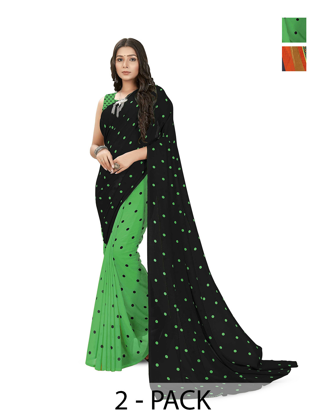 

ANAND SAREES Selection Of 2 Polka Dot Printed Sarees, Black