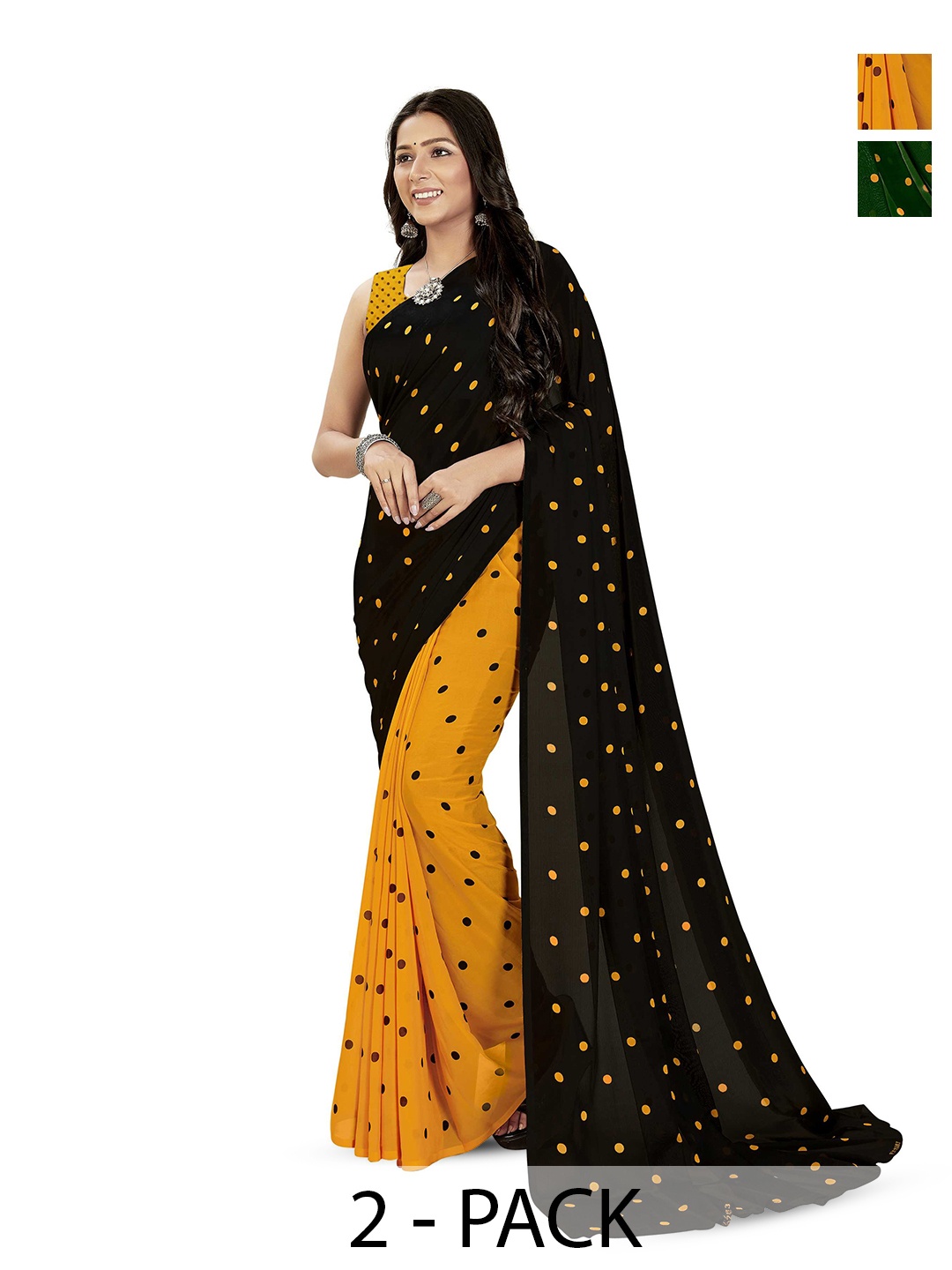 

ANAND SAREES Selection Of 2 Polka Dot Printed Sarees, Black