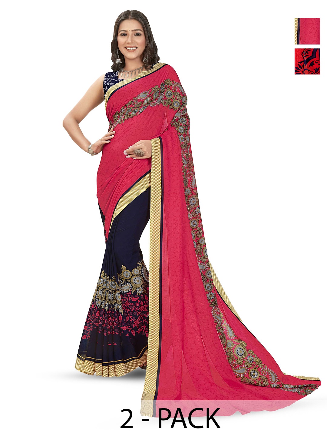 

ANAND SAREES Selection Of 2 Floral Printed Sarees, Pink