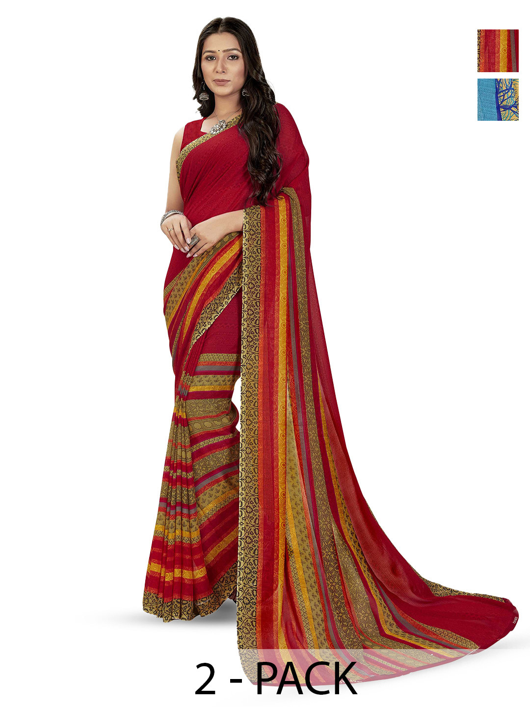 

ANAND SAREES Floral Poly Georgette Saree Pack of 2, Red