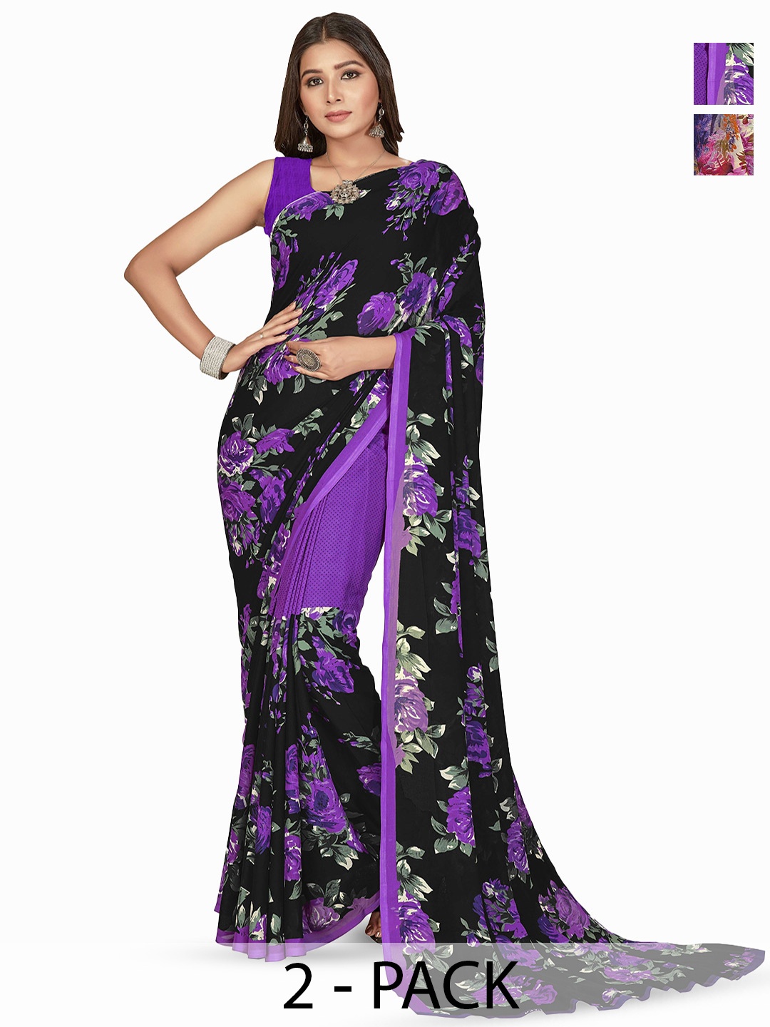 

ANAND SAREES Selection of 2 Floral Printed Sarees, Black