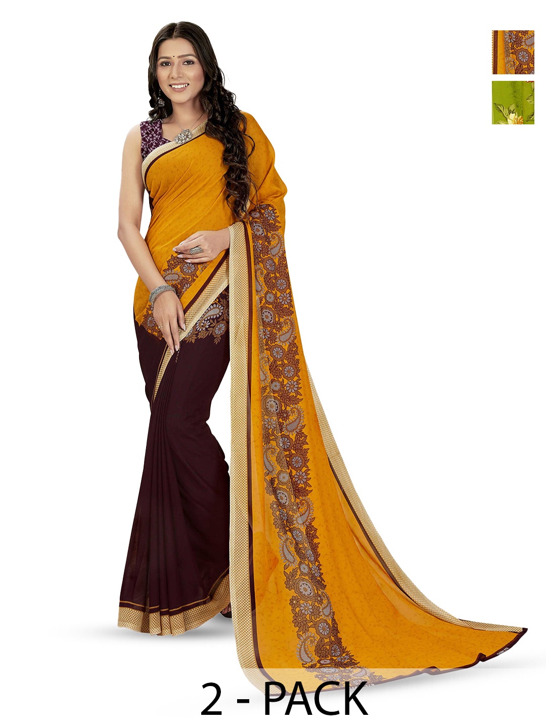 

ANAND SAREES Selection Of 2 Floral Printed Sarees, Green