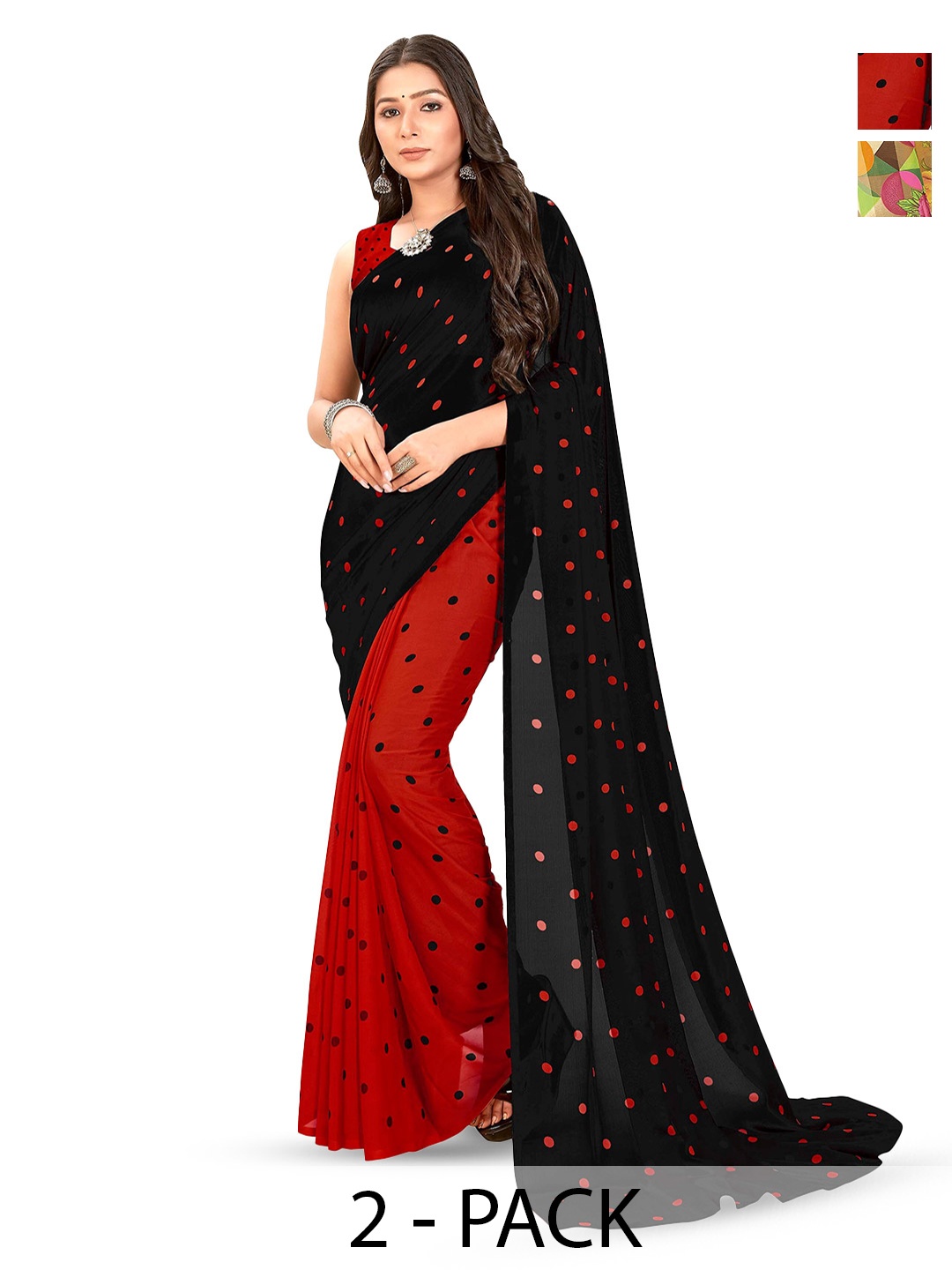 

ANAND SAREES Selection Of 2 Polka Dot Printed Sarees, Black