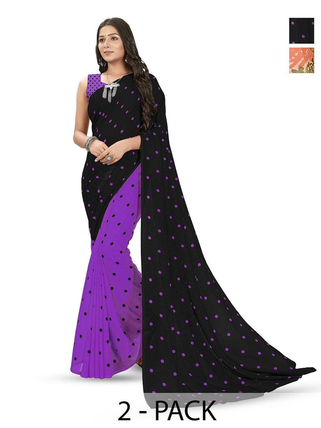 

ANAND SAREES Selection of 2 Polka Dot Printed Sarees, Purple