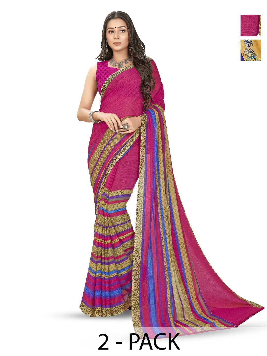 

ANAND SAREES Selection Of 2 Floral Printed Sarees, Blue
