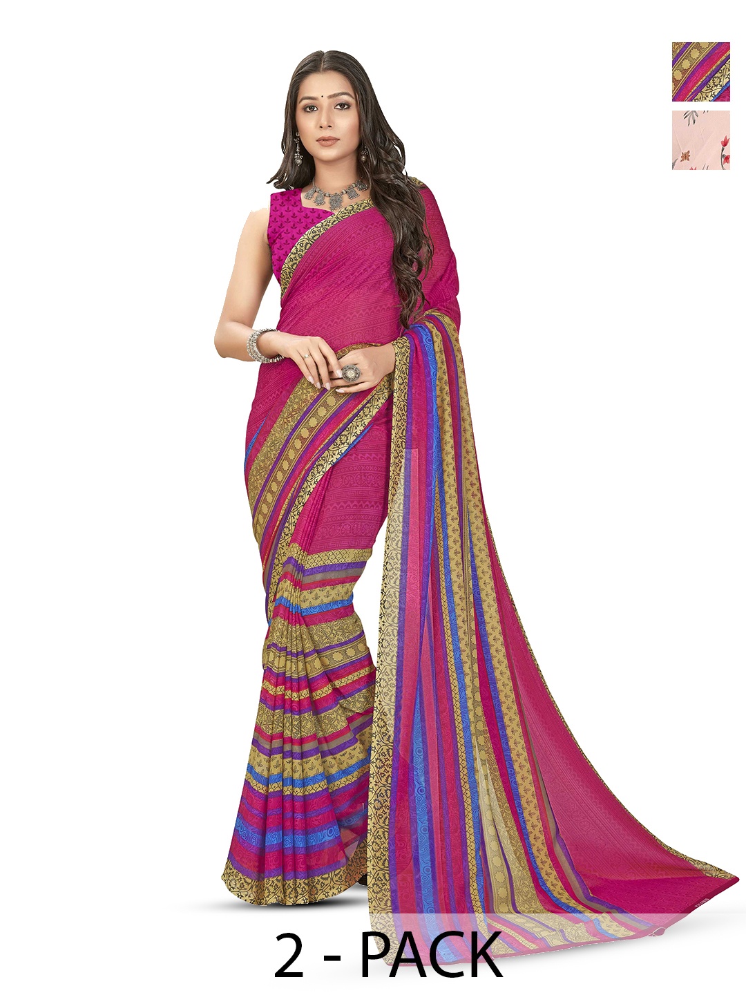 

ANAND SAREES Selection Of 2 Floral Printed Sarees, Pink