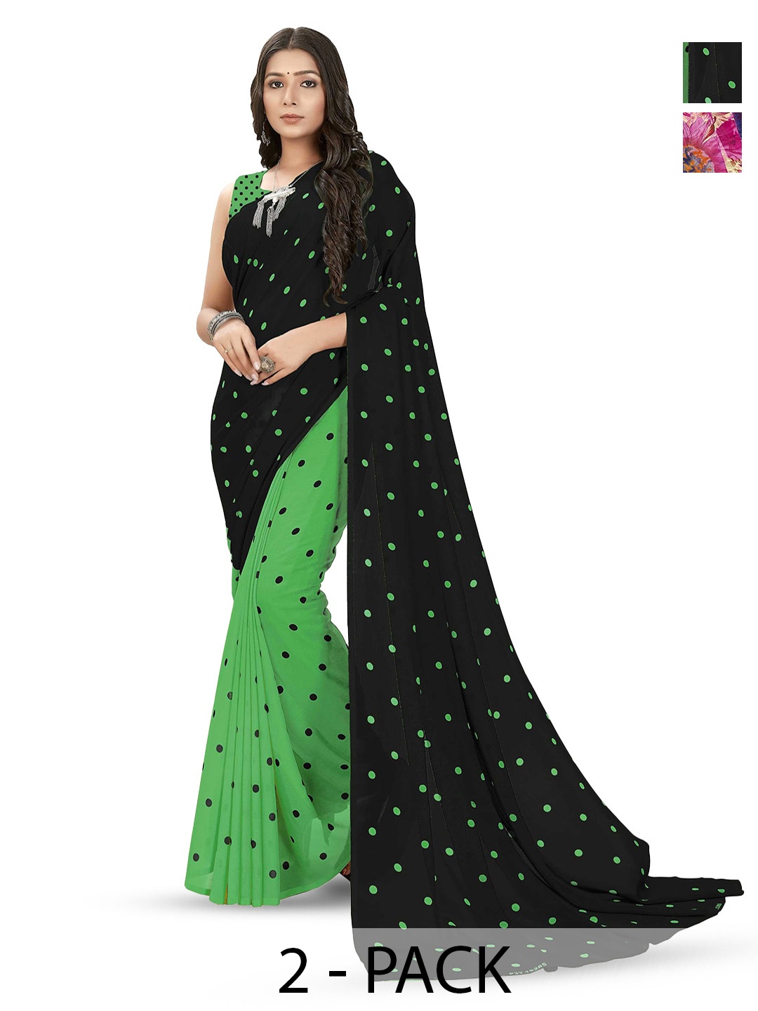 

ANAND SAREES Selection Of 2 Polka Dot Printed Sarees, Black