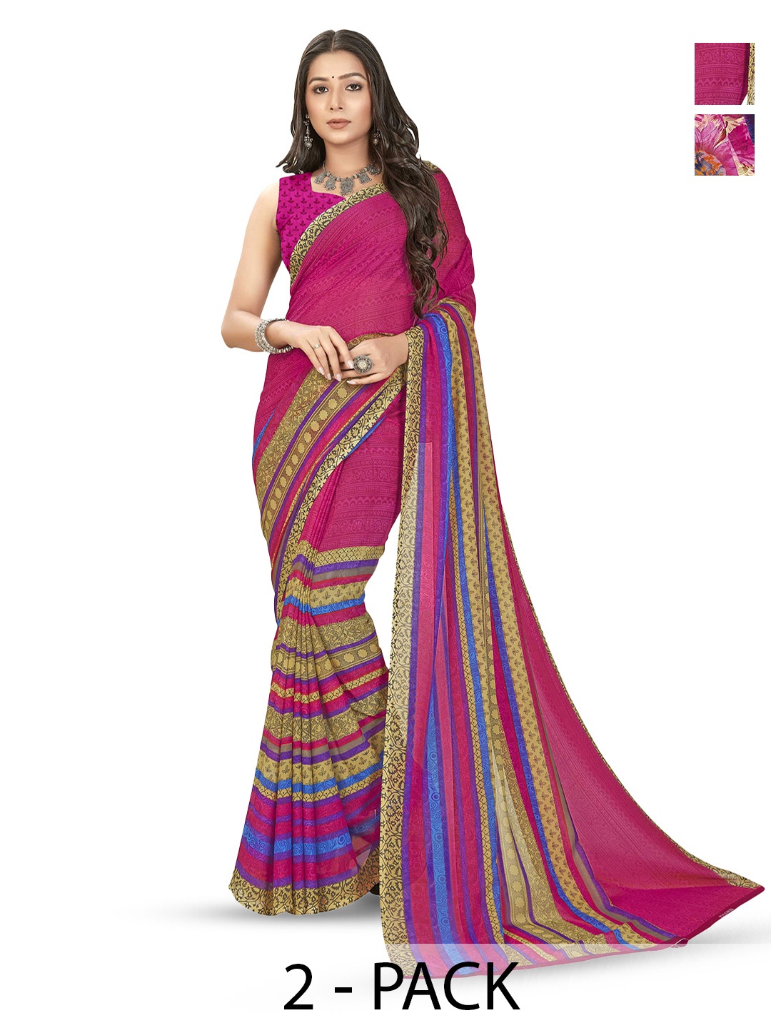 

ANAND SAREES Floral Poly Georgette Saree Pack of 2, Blue