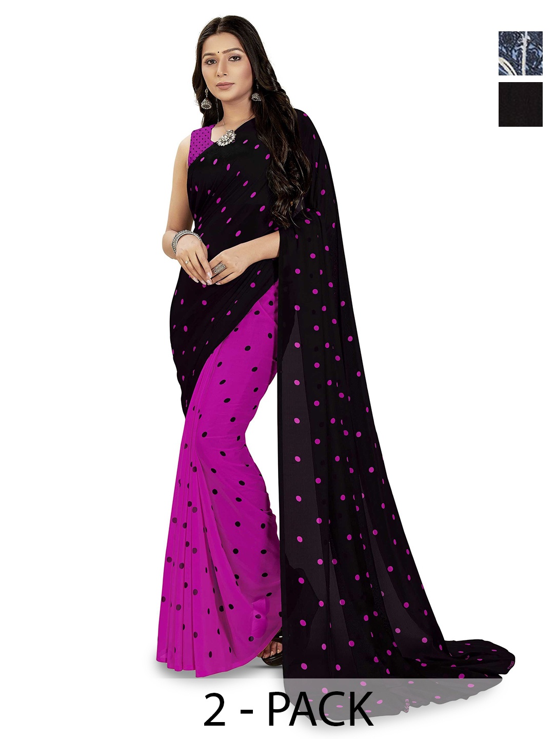 

ANAND SAREES Selection Of 2 Polka Dots Printed Saree, Black