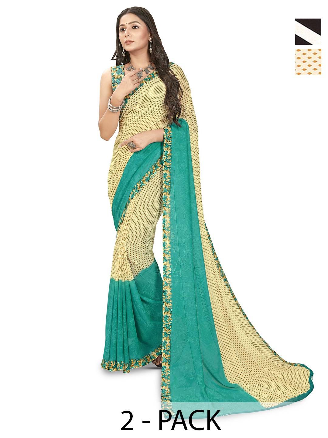 

ANAND SAREES Selection Of 2 Polka Dots Printed Sarees, Black
