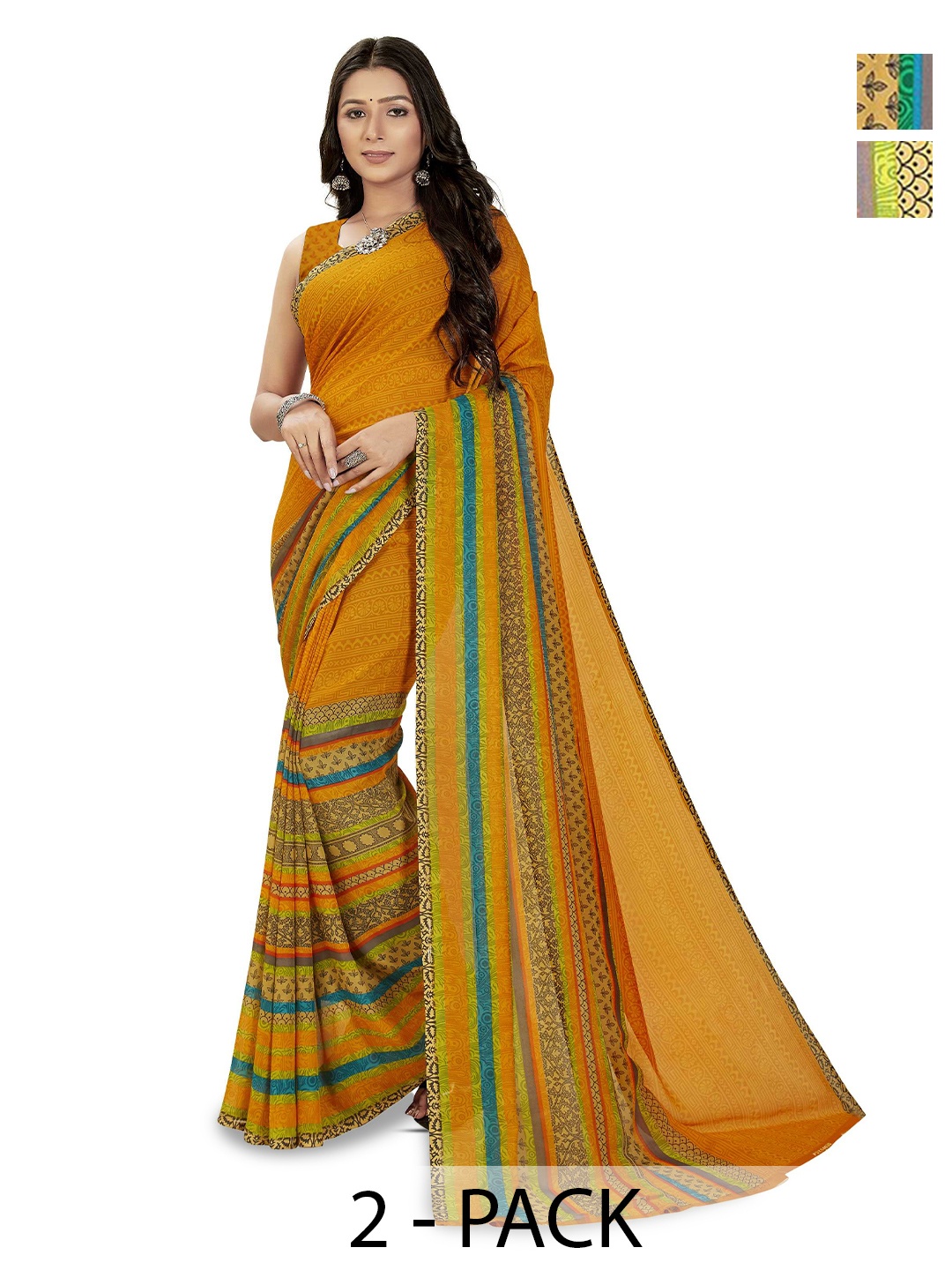 

ANAND SAREES Pack of 2 Ethnic Motifs Georgette Saree, Yellow