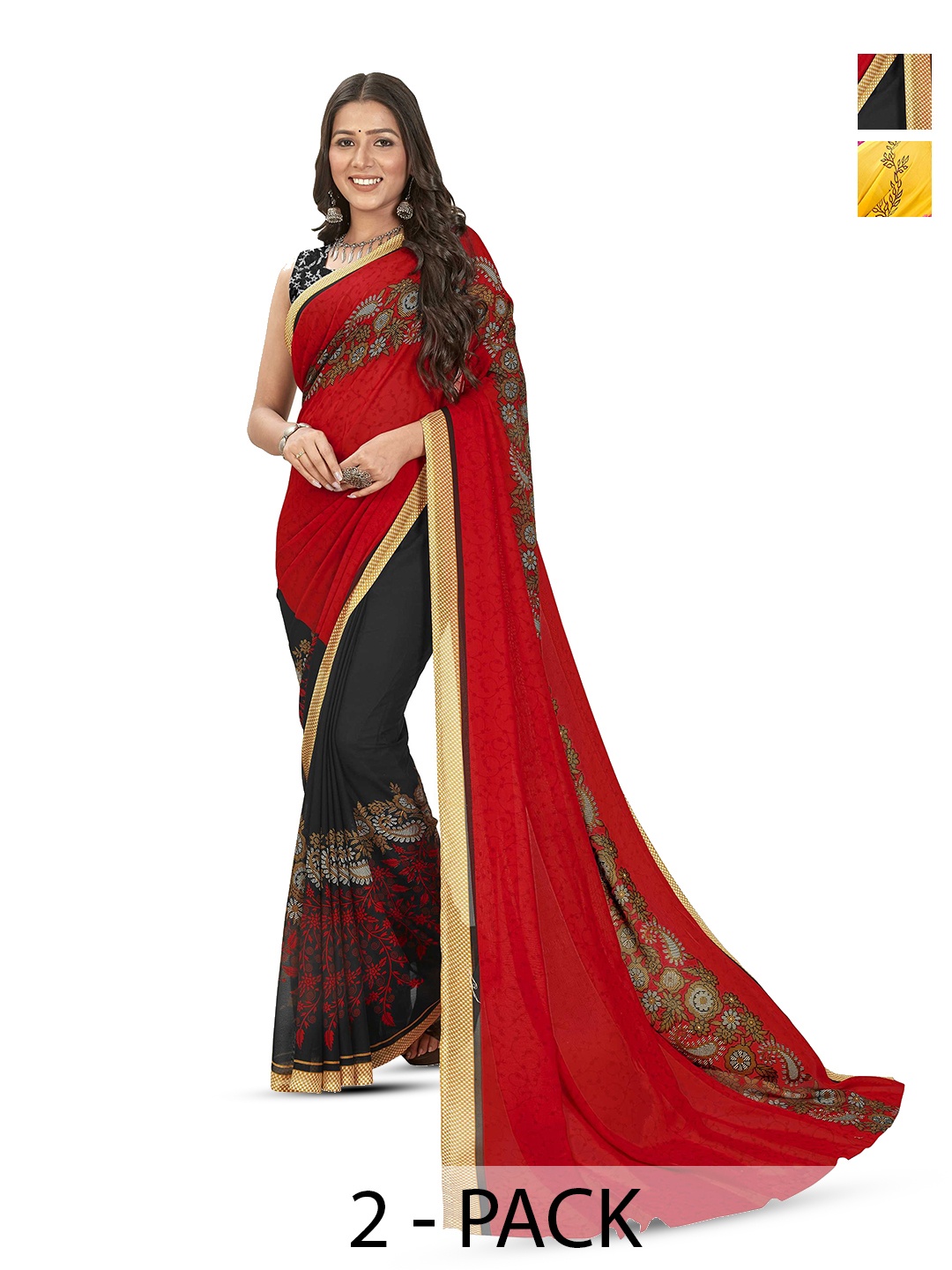 

ANAND SAREES Floral Poly Georgette Saree Pack of 2, Black