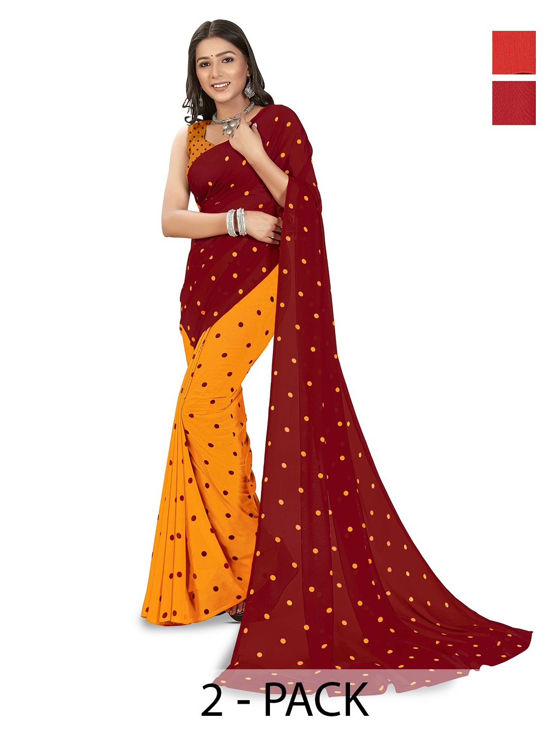 

ANAND SAREES Selection Of 2 Polka Dots Printed Saree, Red