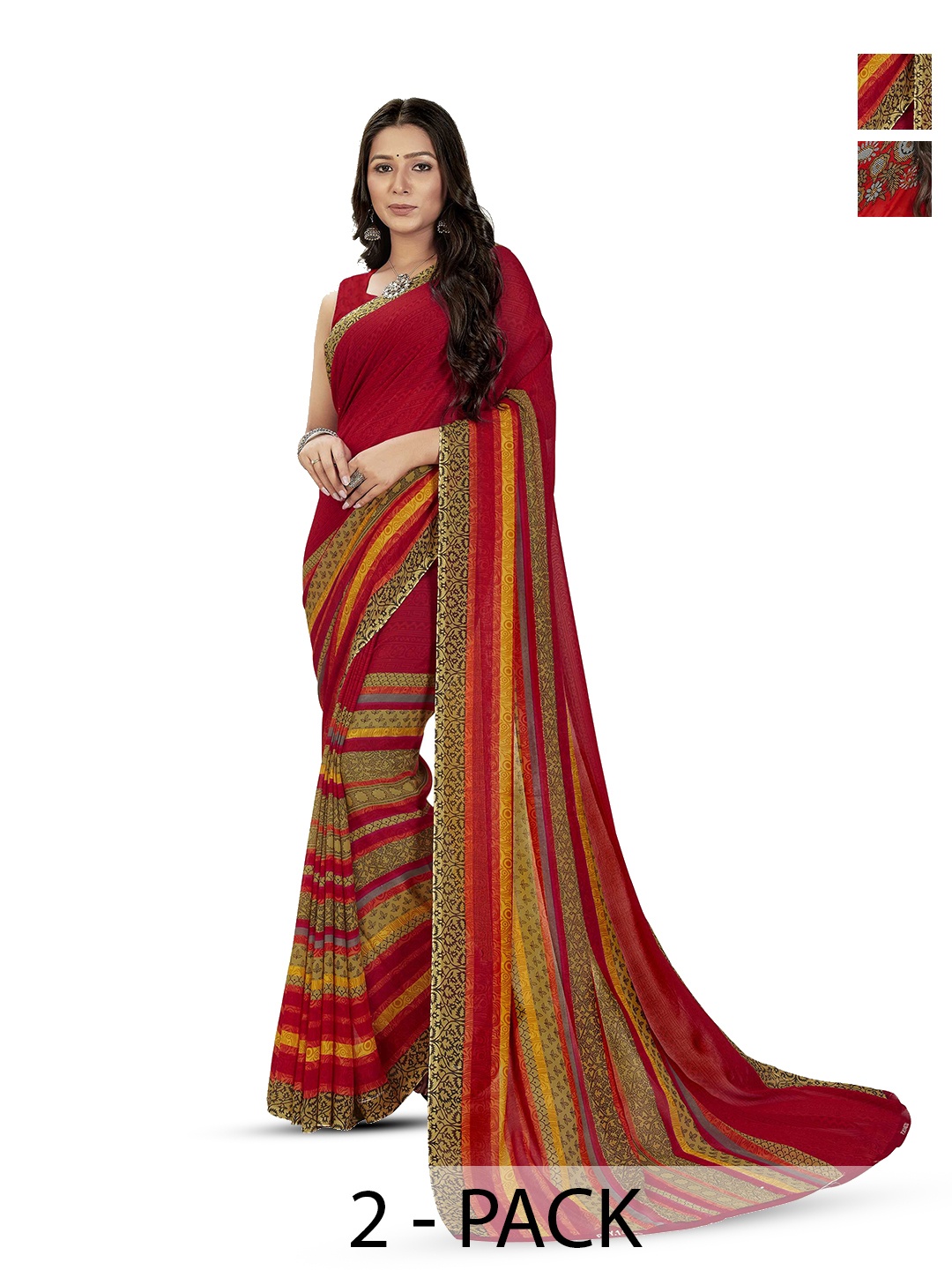 

ANAND SAREES Ethnic Motifs Poly Georgette Saree Pack of 2, Red