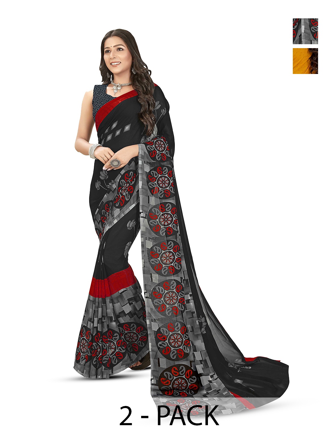 

ANAND SAREES Selection Of 2 Floral Printed Sarees, Black