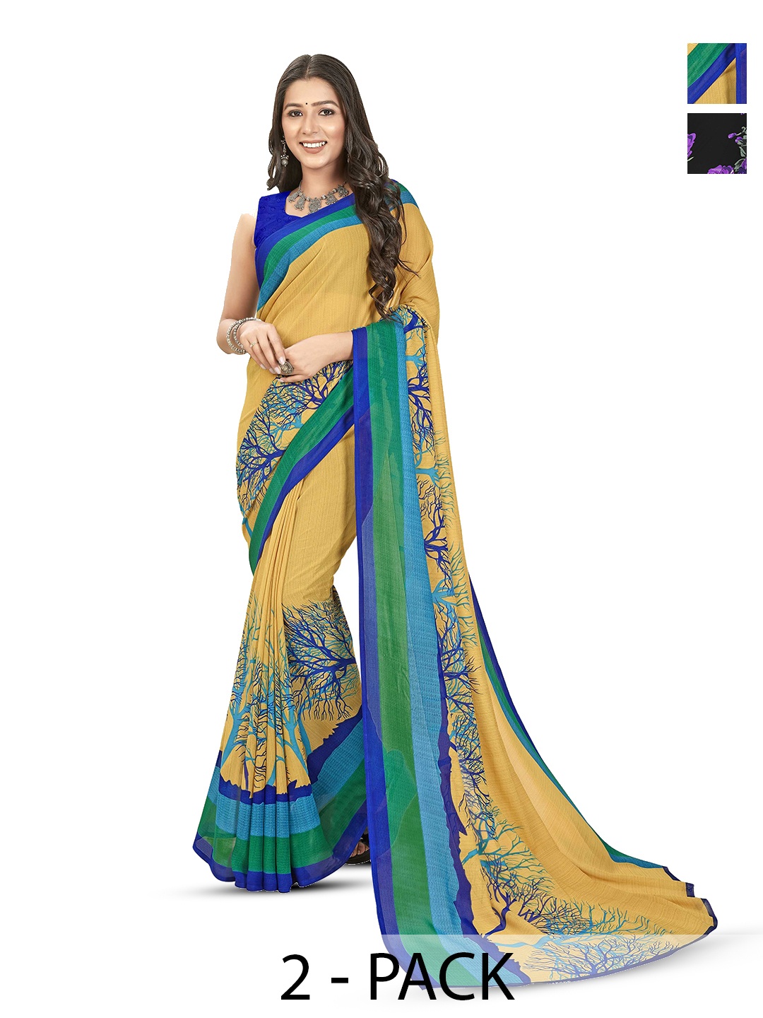 

ANAND SAREES Selection Of 2 Printed Sarees, Black