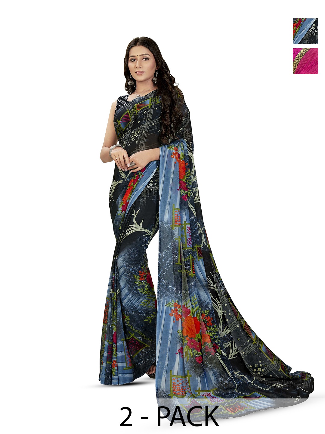 

ANAND SAREES Selection Of 2 Printed Sarees, Blue