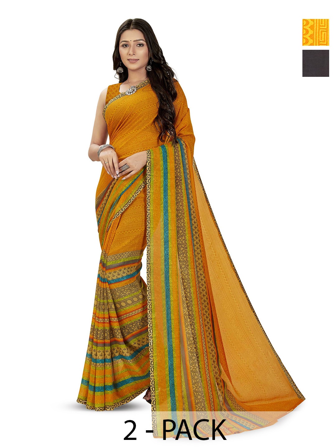 

ANAND SAREES Selection Of 2 Printed Sarees, Yellow