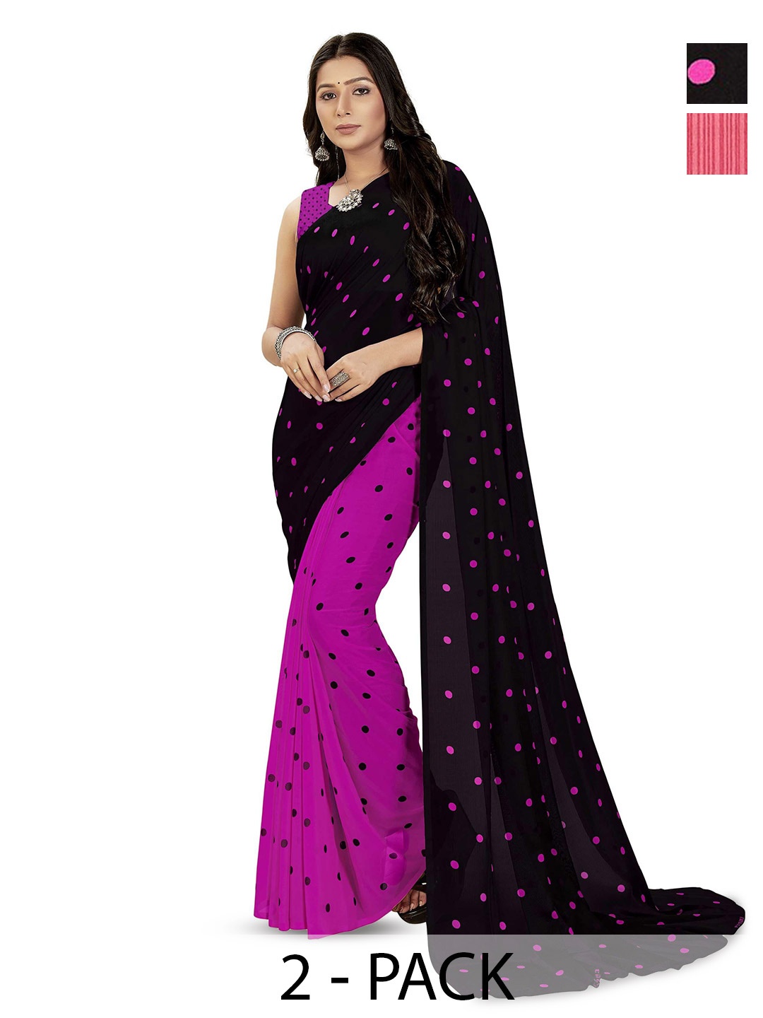 

ANAND SAREES Selection of 2 Polka Dot Printed Sarees, Black