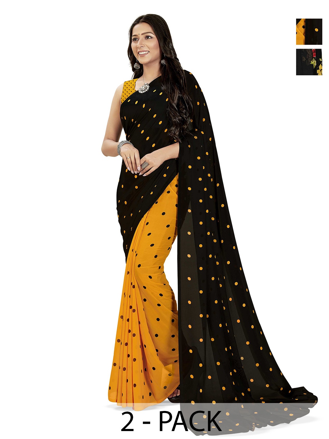 

ANAND SAREES Selection Of 2 Floral Printed Sarees, Black