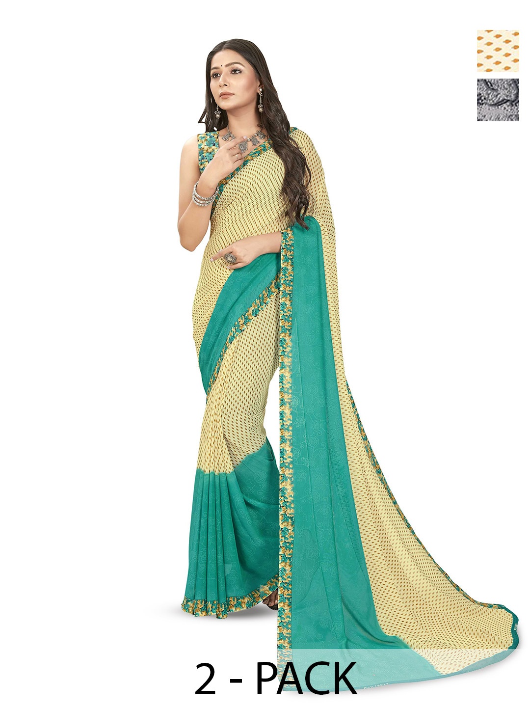 

ANAND SAREES Selection of 2 Floral Printed Sarees, Black